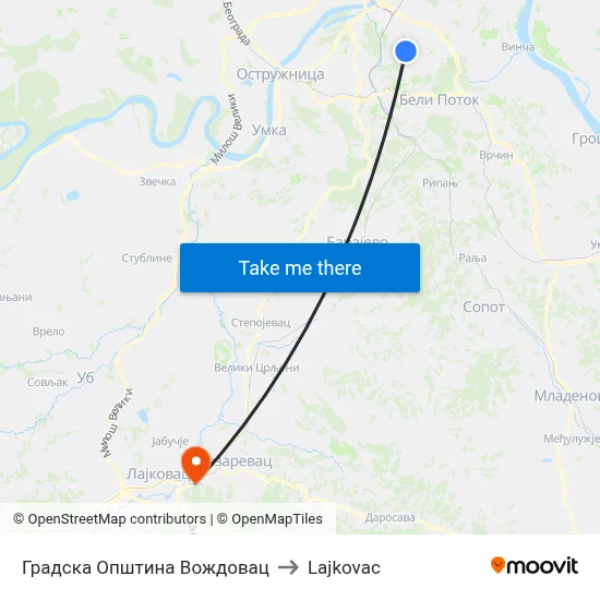 Vozdovac City Municipality to Lajkovac map