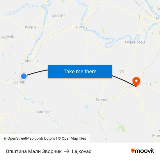 Mali Zvornik Municipality to Lajkovac map