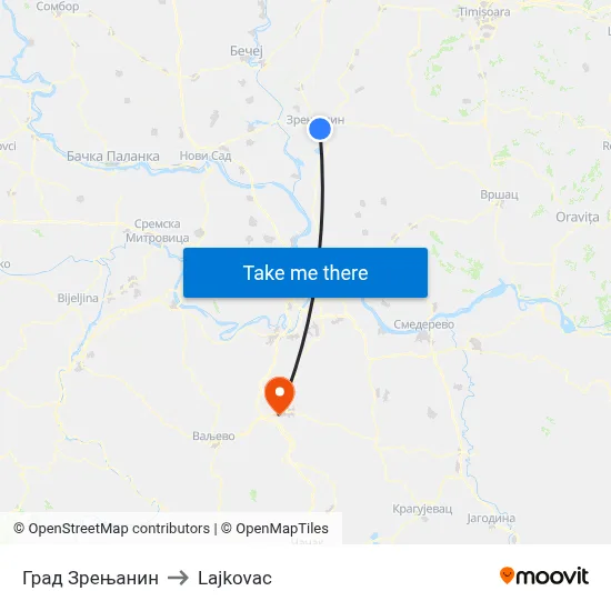 City of Zrenjanin to Lajkovac map