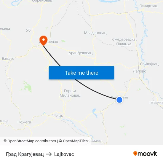 Kragujevac City to Lajkovac map