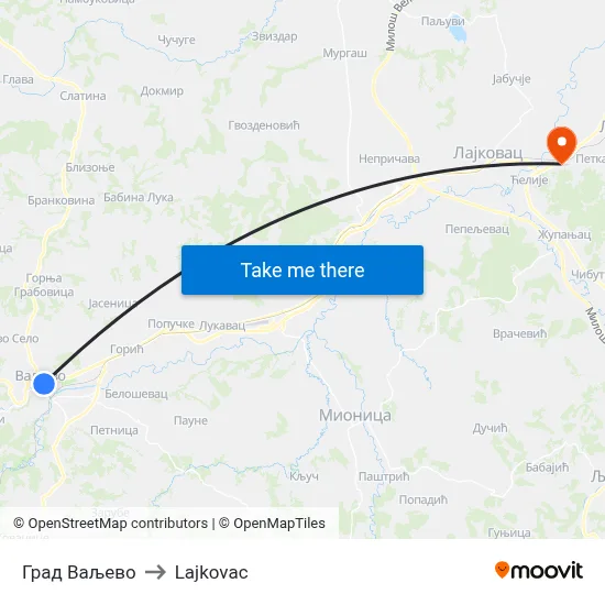 City of Valjevo to Lajkovac map