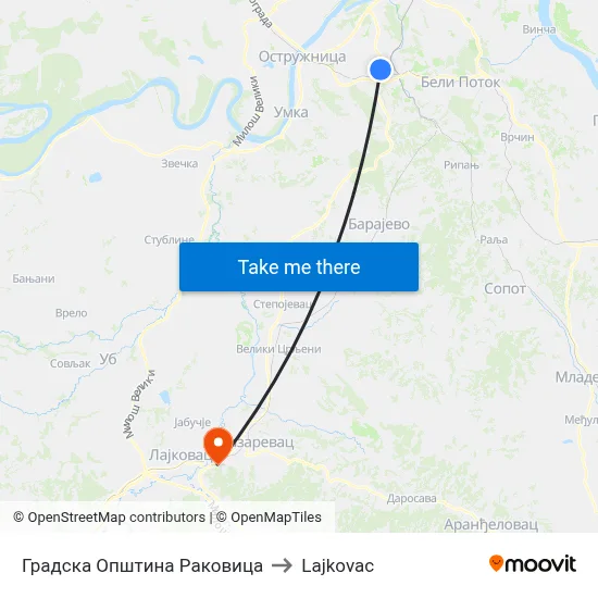 Rakovica City Municipality to Lajkovac map