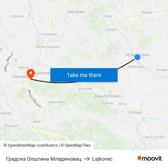 Mladenovac Municipality to Lajkovac map