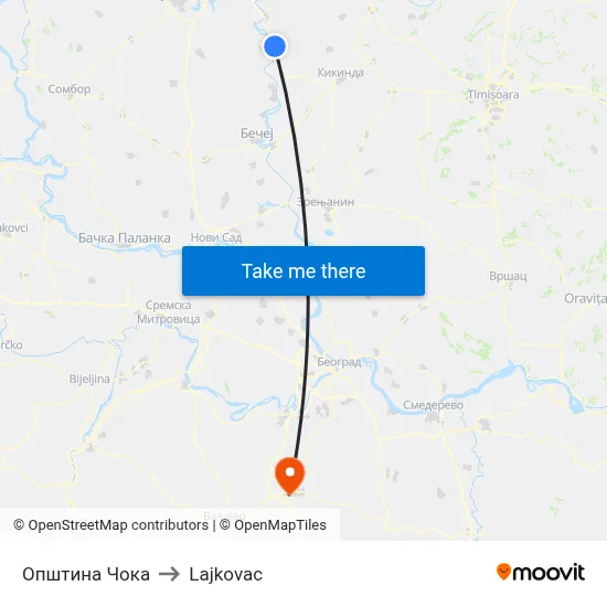 Čoka Municipality to Lajkovac map