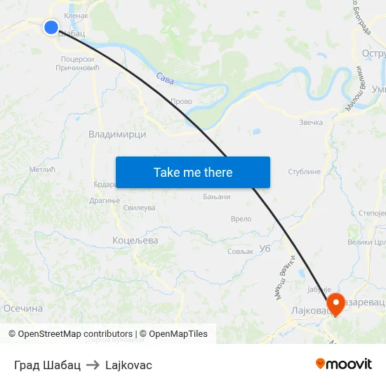 City of Šabac to Lajkovac map