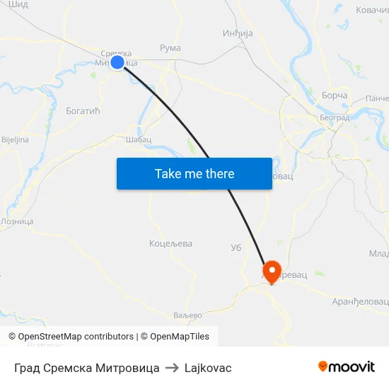 City of Sremska Mitrovica to Lajkovac map