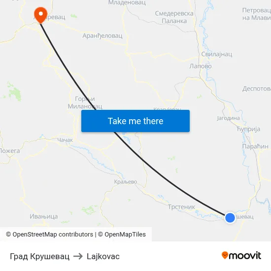 Kruševac City to Lajkovac map