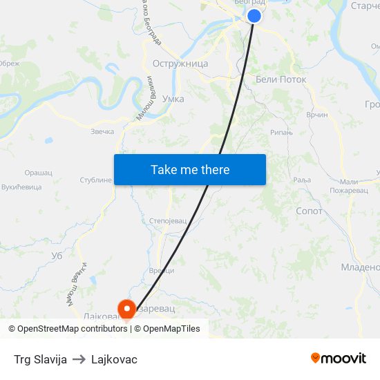 Trg Slavija to Lajkovac map