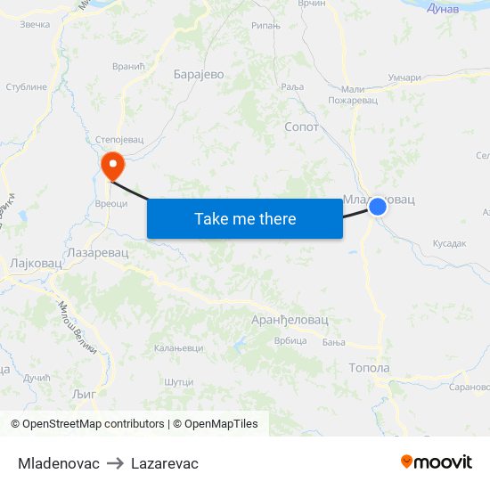 Mladenovac to Lazarevac map