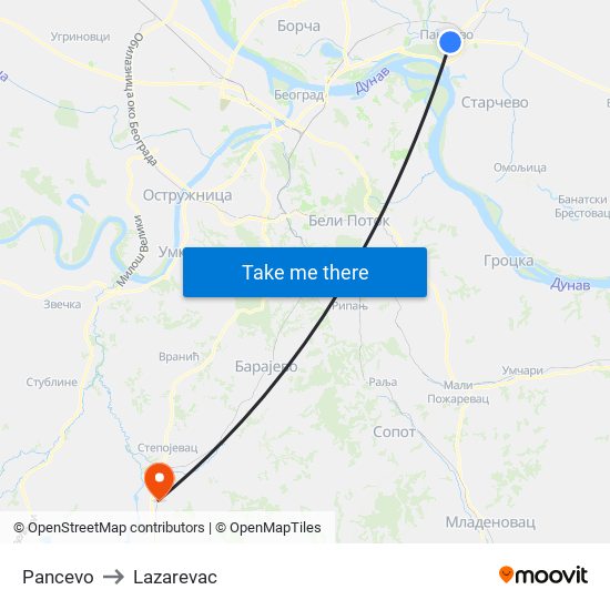 Pancevo to Lazarevac map