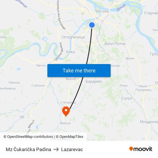 Mz Čukarička Padina to Lazarevac map