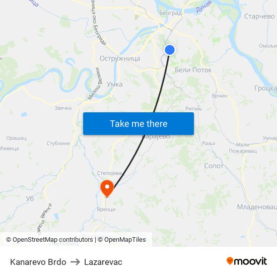 Kanarevo Brdo to Lazarevac map