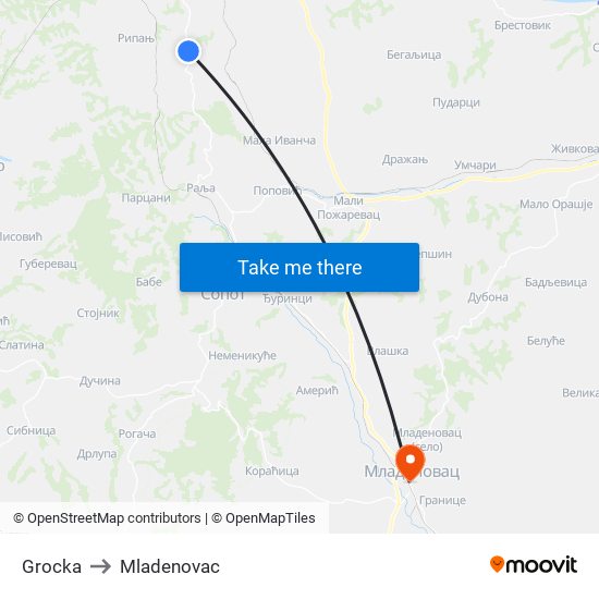 Grocka to Mladenovac map