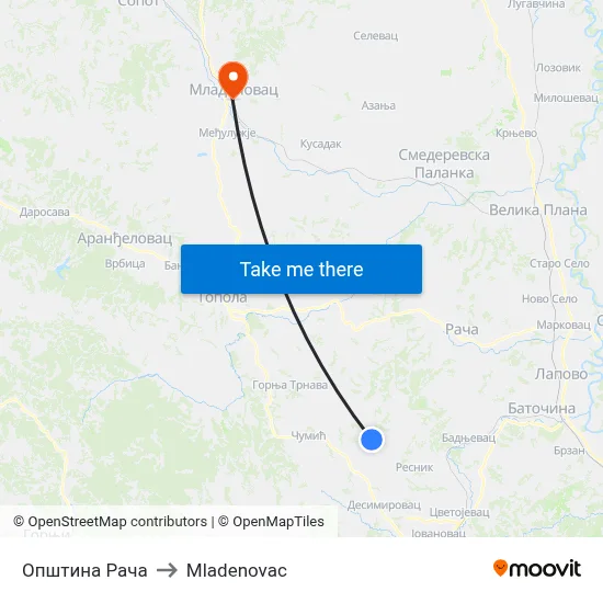 Rača Municipality to Mladenovac map