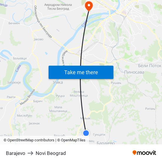 Barajevo to Novi Beograd map