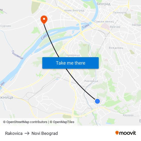 Rakovica to Novi Beograd map