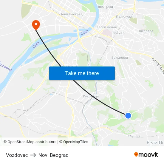 Vozdovac to New Belgrade map