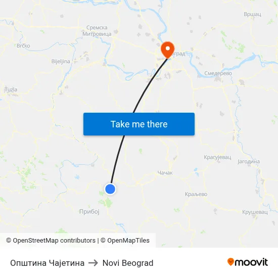 Čajetina Municipality to New Belgrade map