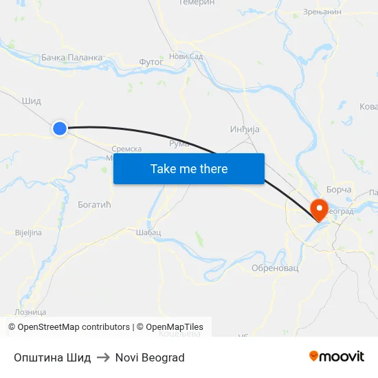 Šid Municipality to New Belgrade map