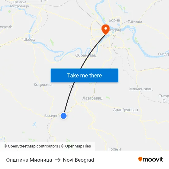 Mionica Municipality to New Belgrade map