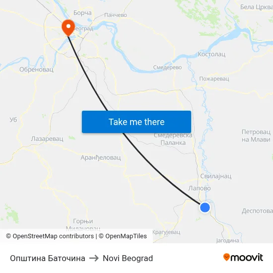 Batočina Municipality to New Belgrade map