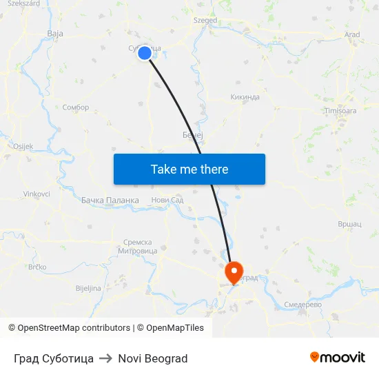 Subotica City to New Belgrade map