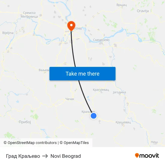 City of Kraljevo to New Belgrade map