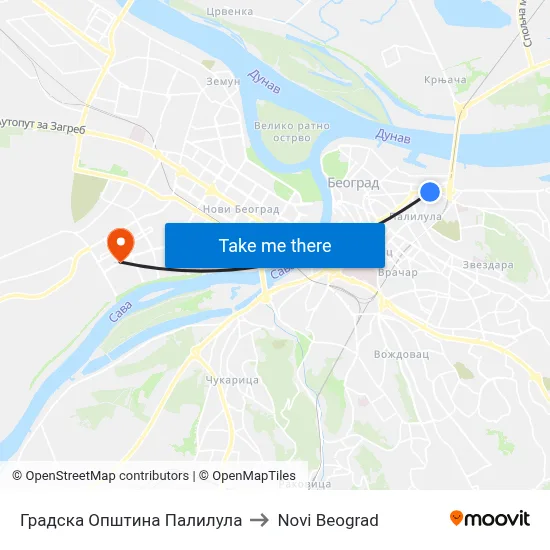 Palilula Municipality to New Belgrade map
