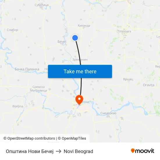 Novi Bečej Municipality to New Belgrade map