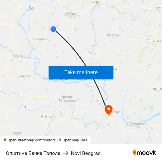 Bačka Topola Municipality to New Belgrade map