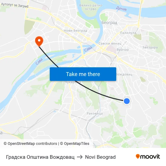 Vozdovac City Municipality to New Belgrade map