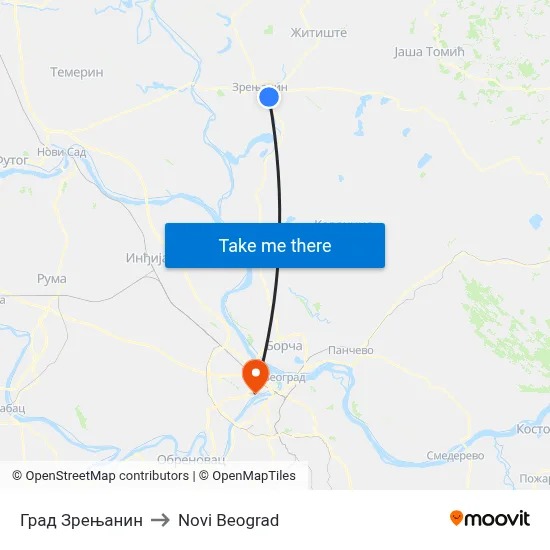 City of Zrenjanin to New Belgrade map