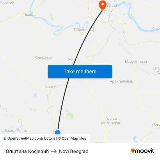 Kosjerić Municipality to New Belgrade map