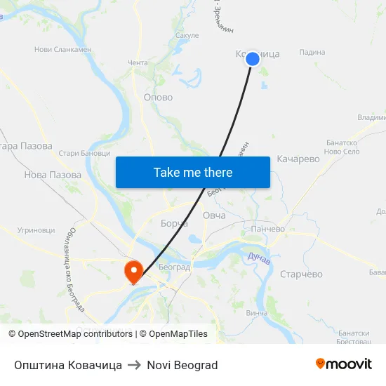 Kovačica Municipality to New Belgrade map