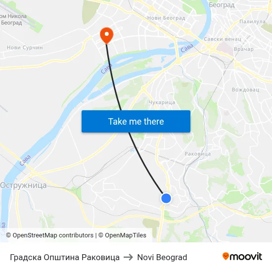 Rakovica City Municipality to New Belgrade map