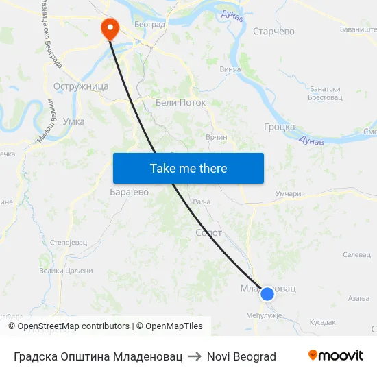 Mladenovac Municipality to New Belgrade map