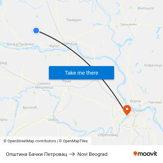 Bački Petrovac Municipality to New Belgrade map