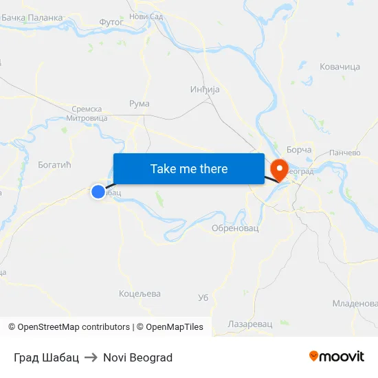 City of Šabac to New Belgrade map