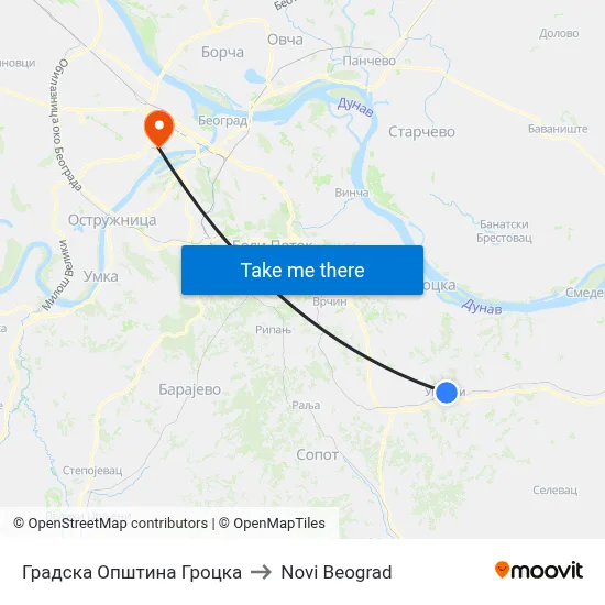 Gročka City Municipality to New Belgrade map