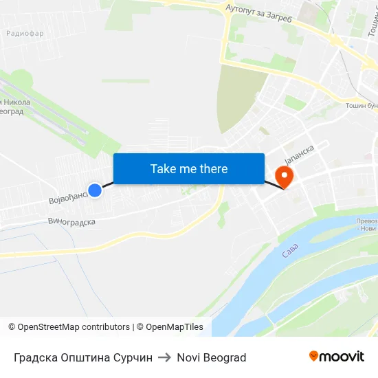 Surcin City Municipality to New Belgrade map