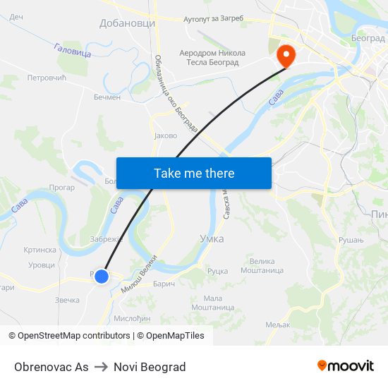 Obrenovac Аs to Novi Beograd map