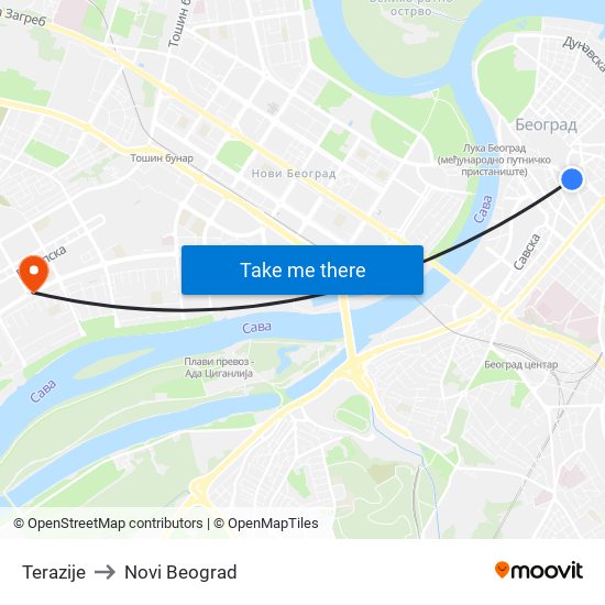 Terazije to Novi Beograd map