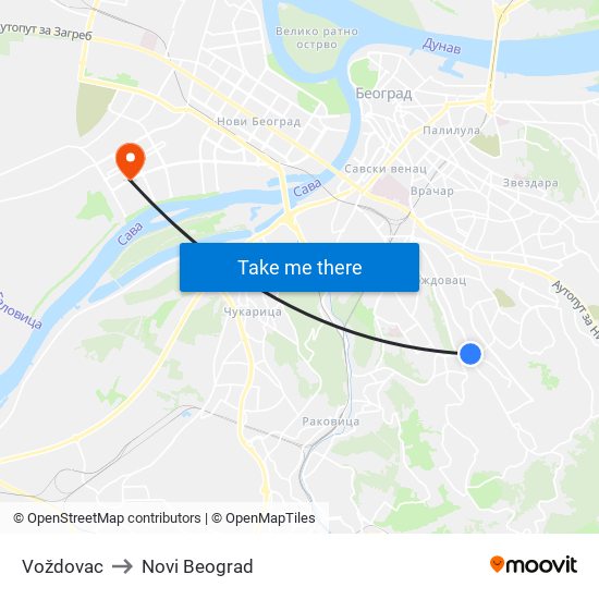 Voždovac to Novi Beograd map