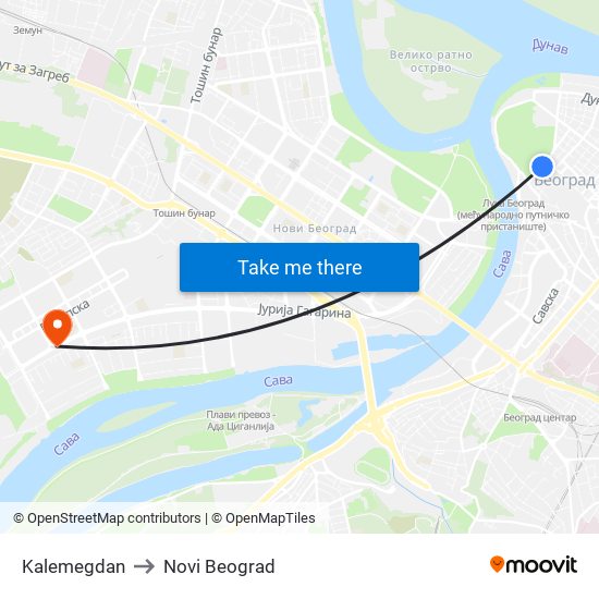 Kalemegdan to Novi Beograd map