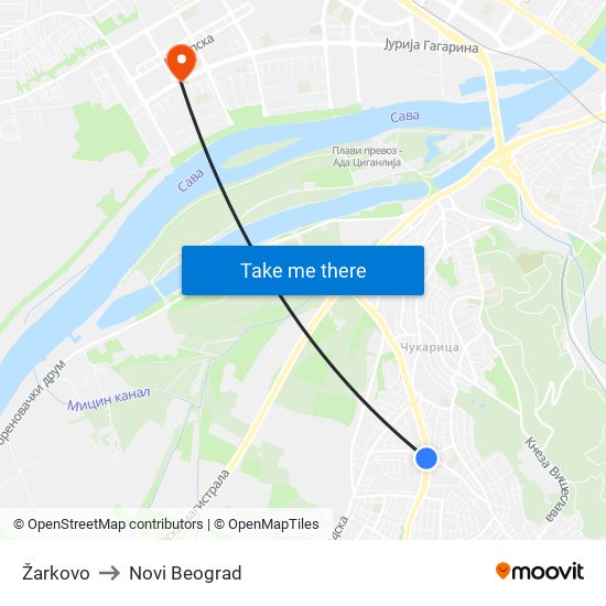 Žarkovo to Novi Beograd map