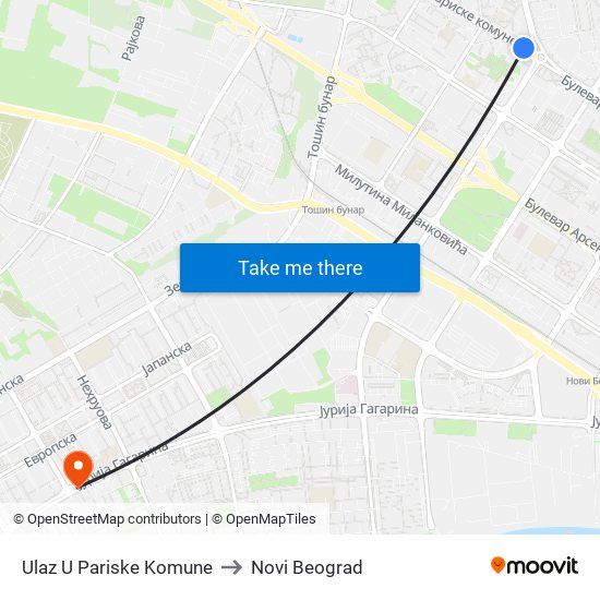 Ulaz U Pariske Komune to Novi Beograd map