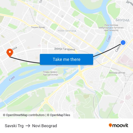 Savski Trg to Novi Beograd map