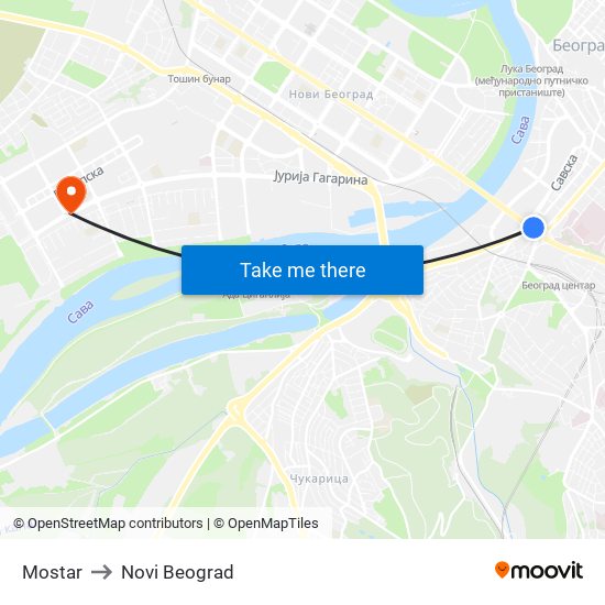 Mostar to Novi Beograd map