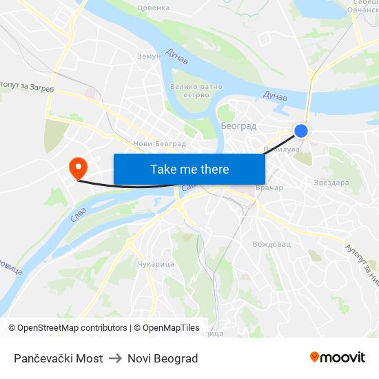 Pančevački Most to Novi Beograd map