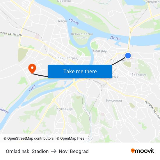 Omladinski Stadion to Novi Beograd map